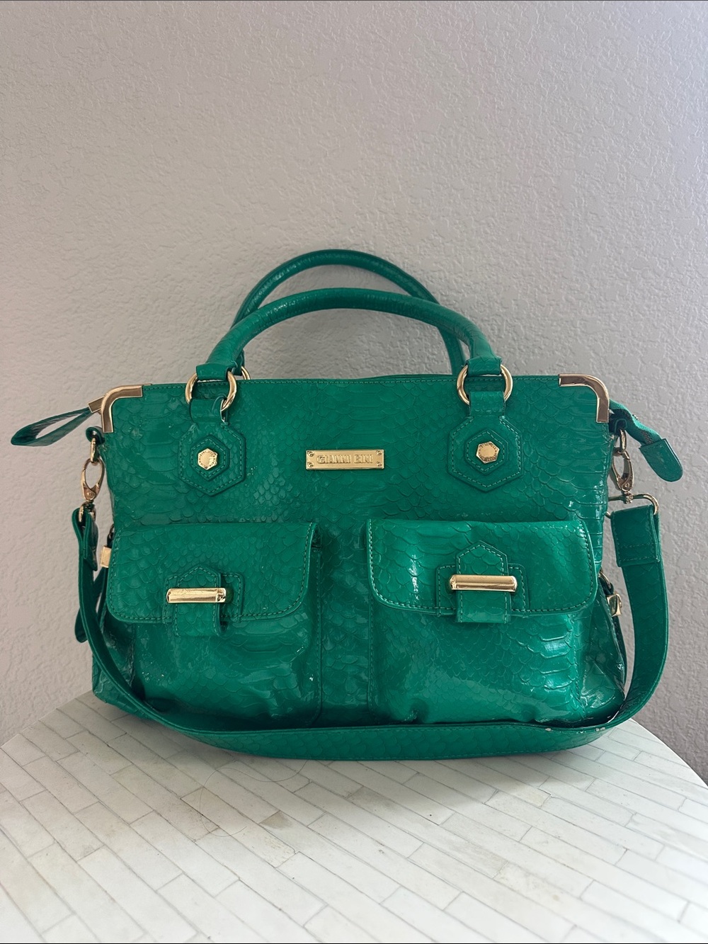 Gianni Bini Emerald Green Faux-Snakeskin Satchel with Gold Hardware